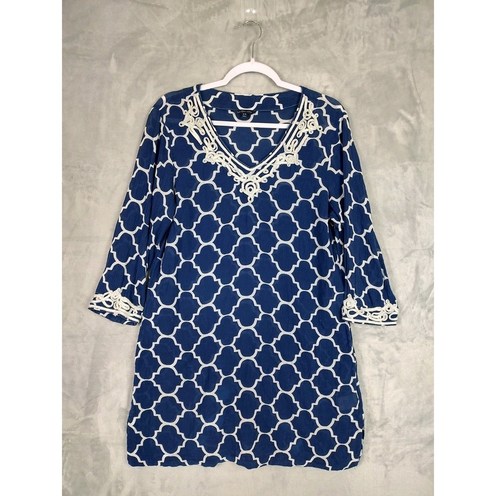 Lands End Blue White Quatrefoil Embroidered V-Neck Swim Cover-Up Dress Pockets S